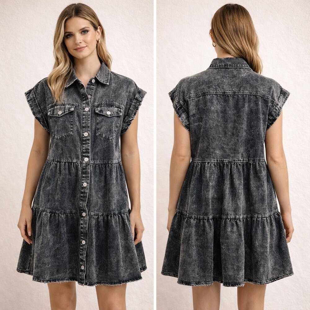 Savanna Jane Black Washed Denim Button Front Tiered Shirt Dress Size M
